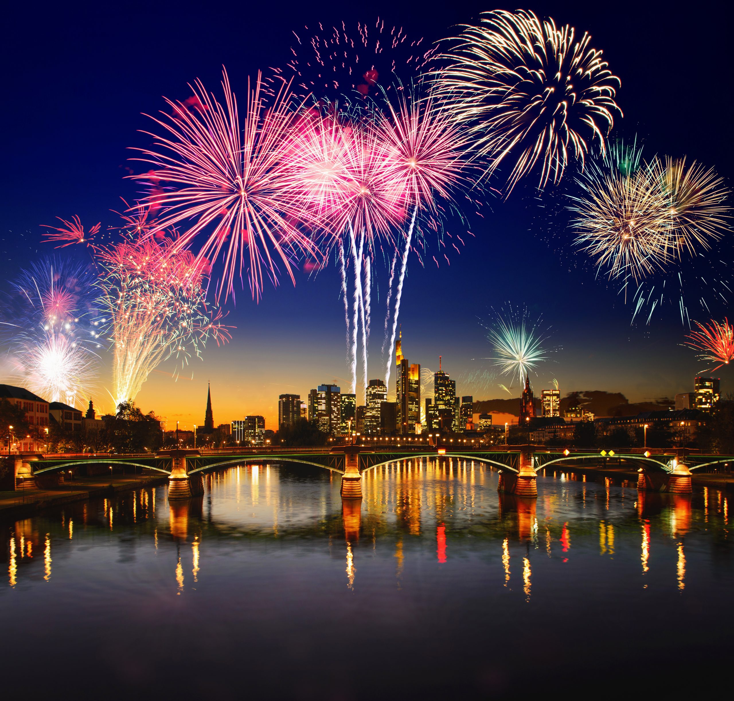 Fireworks over the Frankfurt skyline on New Year's Eve