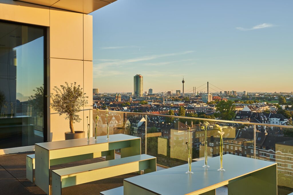 The Ten Best Event Venues in Düsseldorf: A view of the Düsseldorf skyline from the terrace of an event venue in Düsseldorf