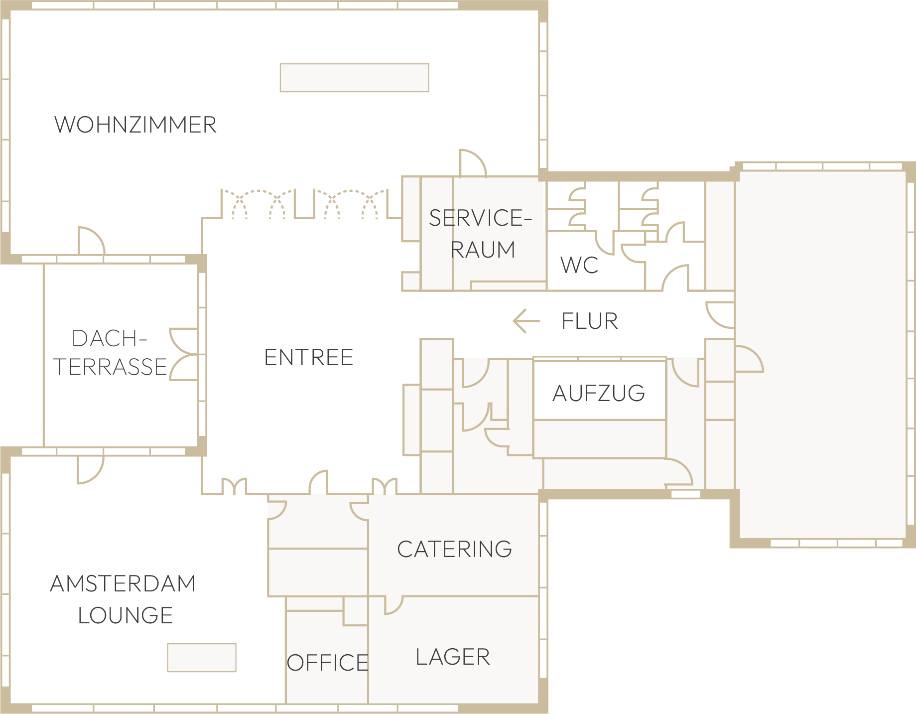 Raumplan Forty Four, 9. Obergeschoss: Wohnzimmer, Entree, Amsterdam Lounge und Dachterrasse